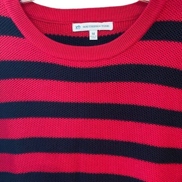 Southern Tide Sz M Raspberry Pink Blue Stripe Classic Cashmere Cotton Sweater - Picture 3 of 8